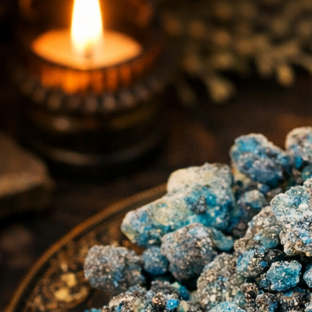 Close-up van 7 Potencias wierookhars groene hars korrels voor wierookrituelen en spirituele energie