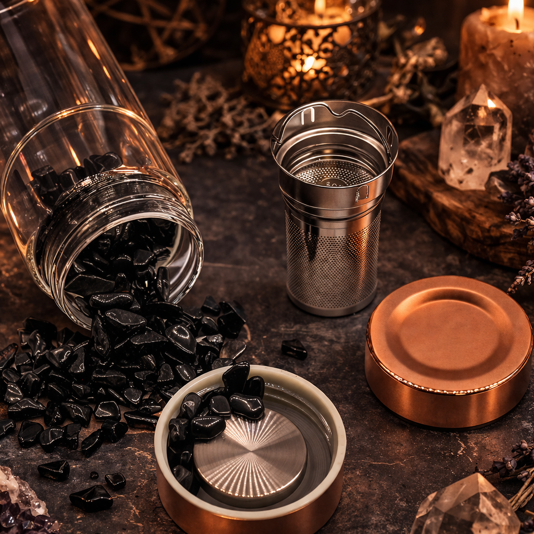 Kristallen thee infuser fles rosé goud met rode jaspis edelstenen en losse thee filter