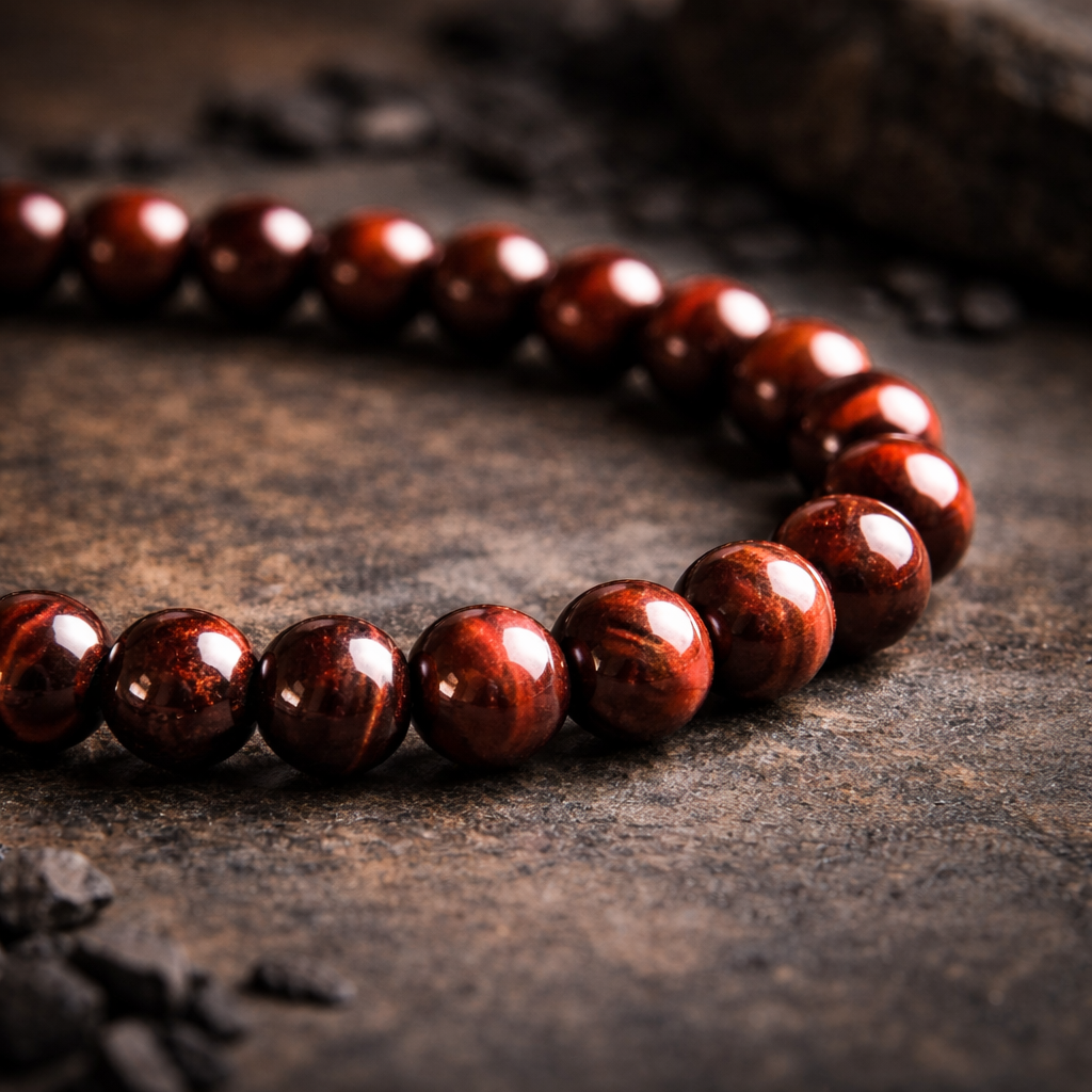 rode tijger armband in close up op donker bruine achtergrond