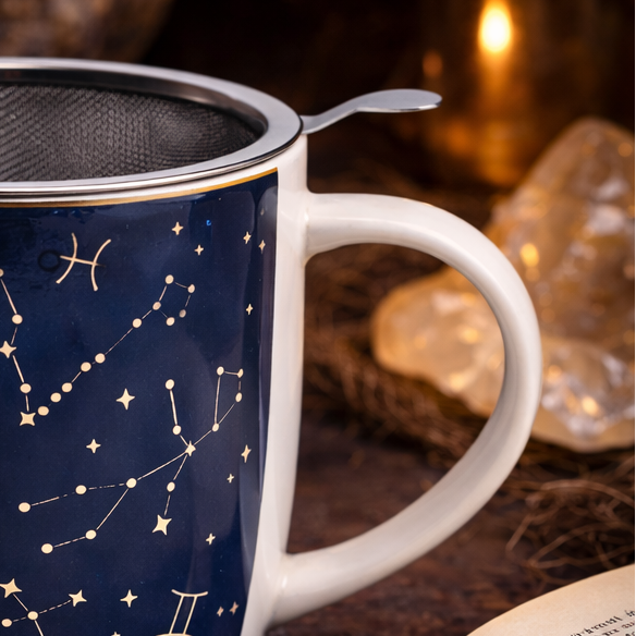 Theemok sterrenbeelden met roestvrijstalen theezeefje