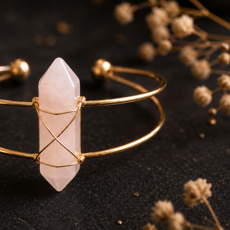 Gouden armband met rozenkwarts kristal close-up met warme sfeer en kaarslicht