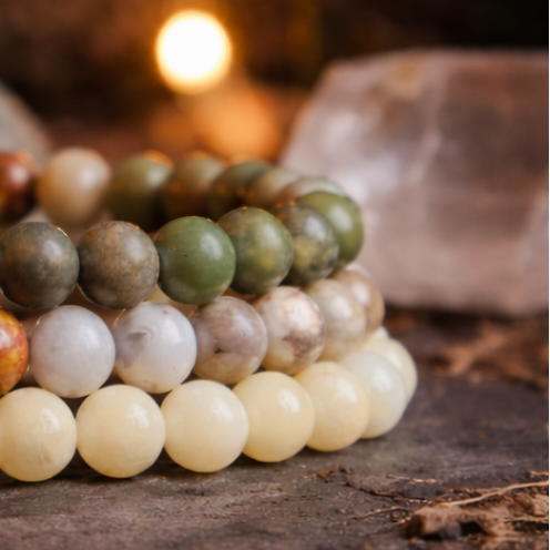 Natuursteen armbanden set 8 mm jaspis agaat gele jade close up