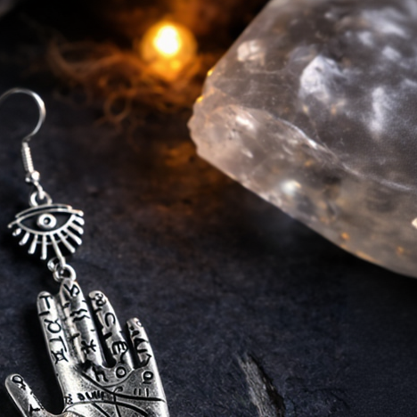 Spirituele oorbellen met alziend oog en hand symbolen