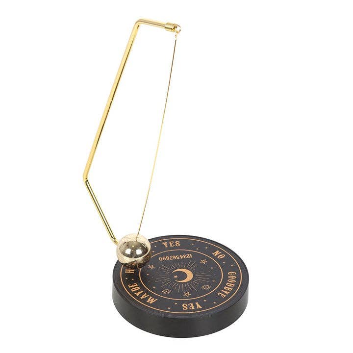 Mystiek metalen praatbord met zes antwoorden – pendel beslisser in zwart en goud.