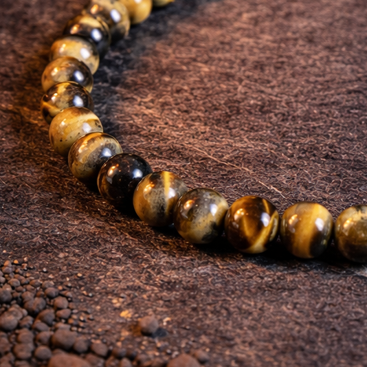 Tijgeroog armband met 6 mm gepolijste kralen op donkere stenen achtergrond close up
