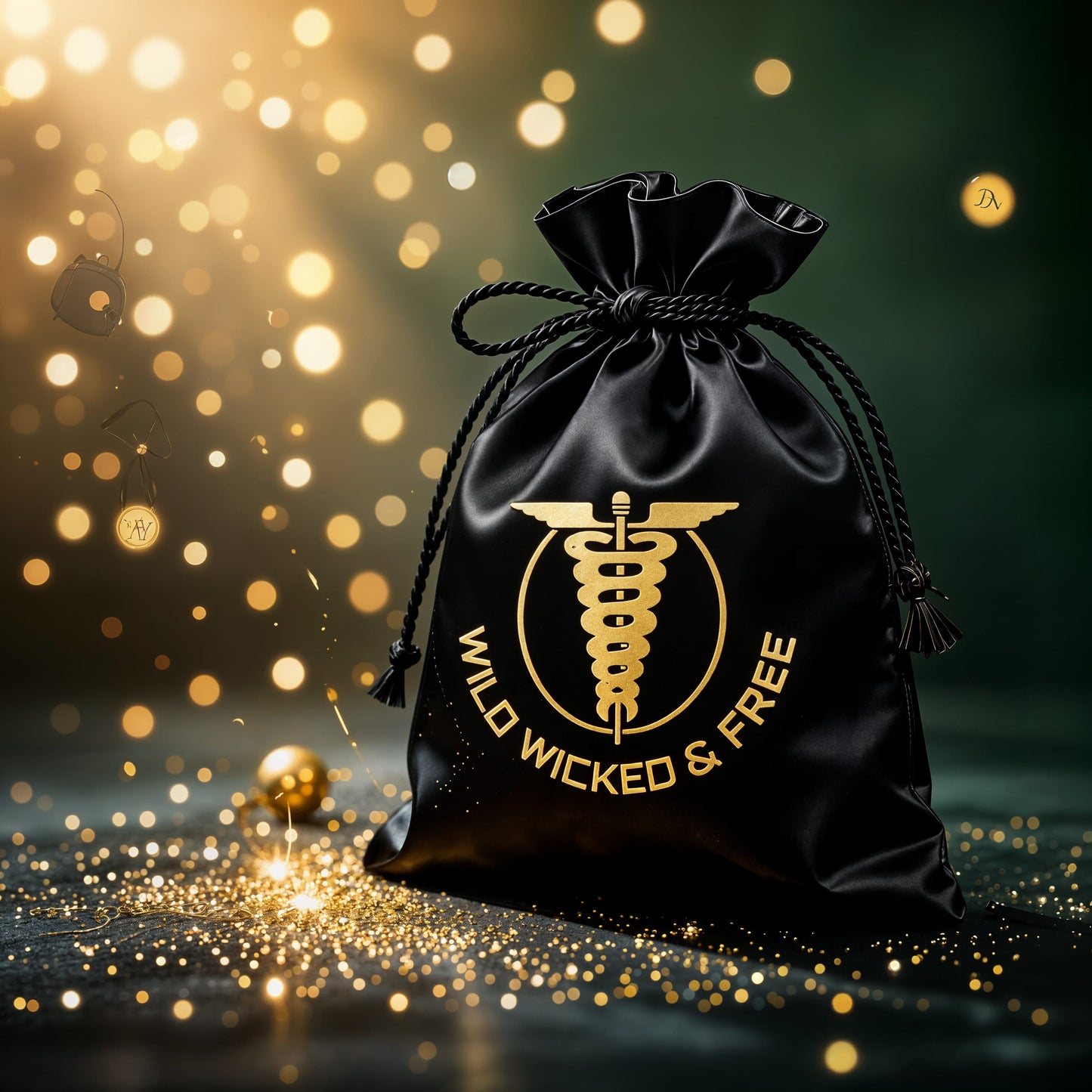 December Mystery Gift Bag met luxe verrassing-items, geurige producten, mini rituelen en edelstenen op een donkere sfeervolle achtergrond.