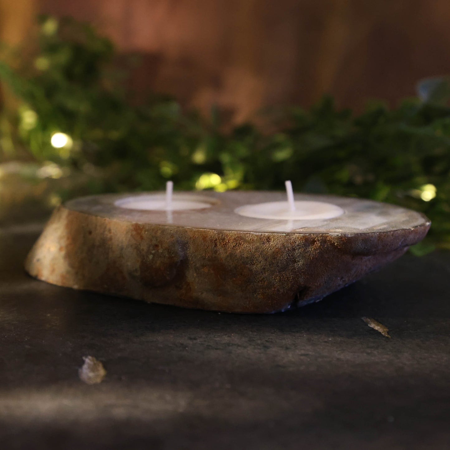 Spirituele woondecoratie van agaat – handgeslepen edelsteen theelichthouder met warme gloed