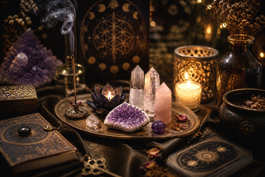 Manifestatie ritueel met kaarsen, edelstenen en wierook in een mystieke setting