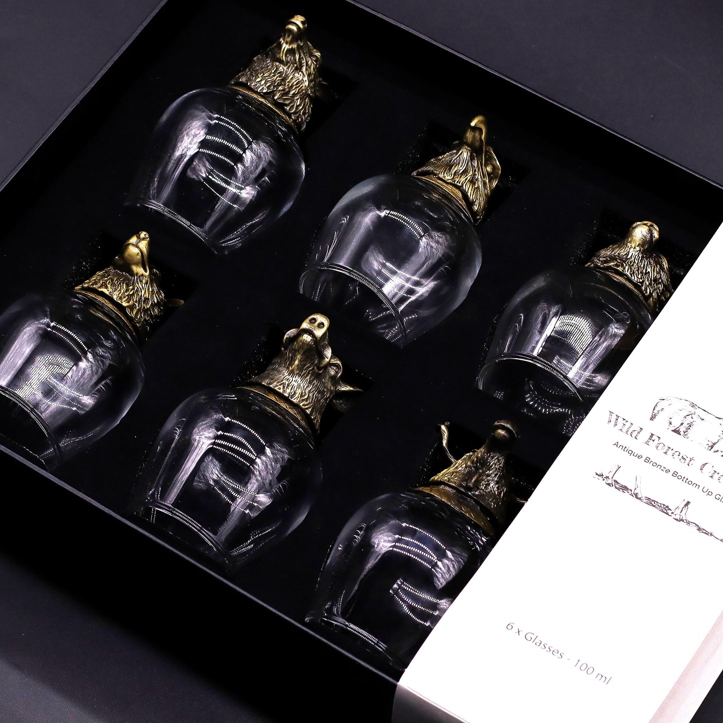 Unieke Wilde Boswezens glazenset 100 ml met messing basis – 6-delig, luxe cadeau in zwarte presentatiedoos.