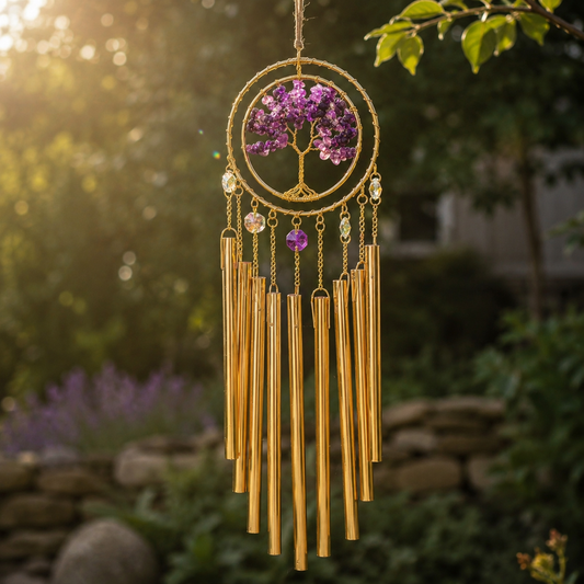 Amethist windgong met levensboom en goudkleurige buisjes hangend in de tuin