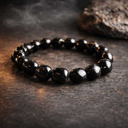 Freeform onyx armband van natuurlijke zwarte onyx kralen op donkere stenen achtergrond