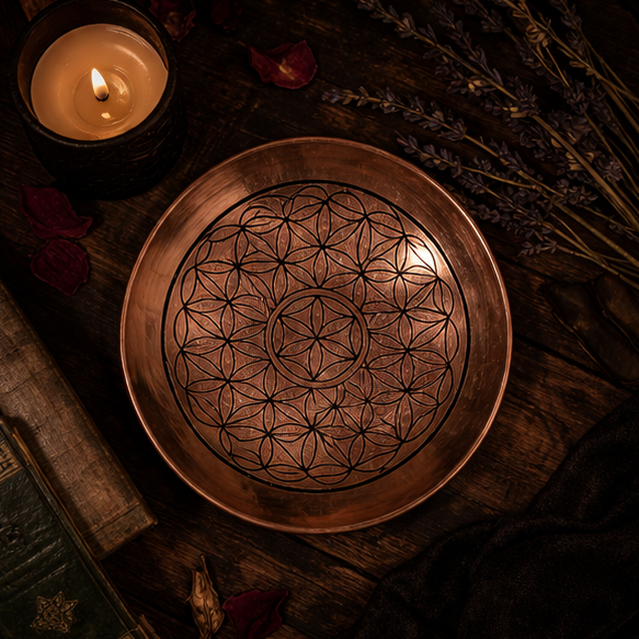 Koperen offerschaal met levensbloem gravure voor smudging en spirituele rituelen