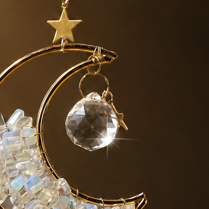 Close-up van goudkleurige maan suncatcher gevuld met opaliet steentjes en glinsterende prisma kristallen