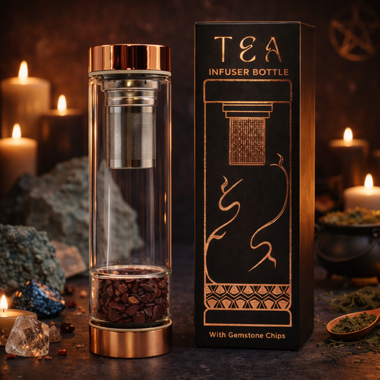 Luxe glazen thee fles met infuser en rode jaspis stenen in donkere mystieke setting