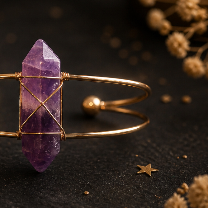 Luxe amethist armband met gouden band en spirituele uitstraling
