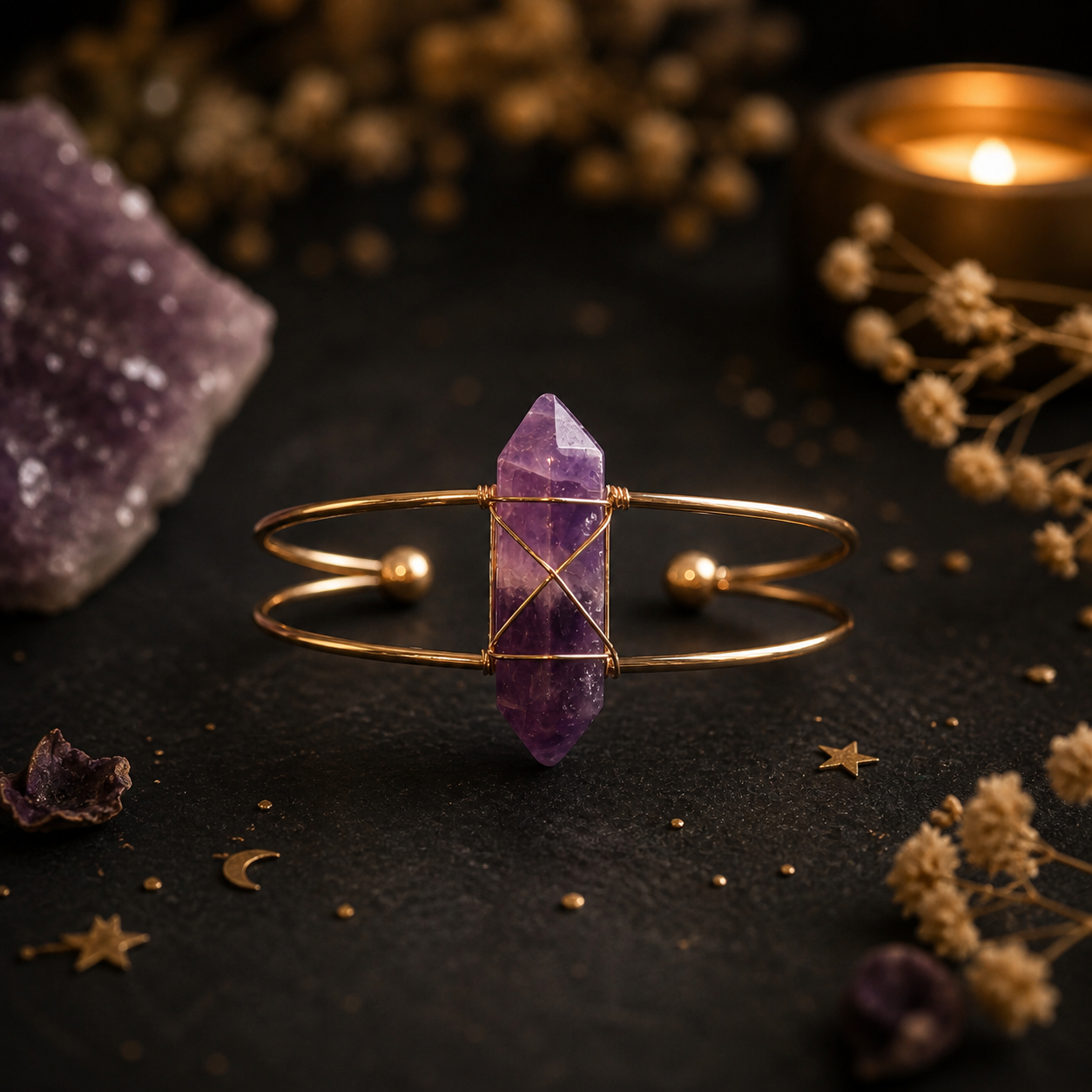 Amethist armband gouden cuff met paarse edelsteen op donkere achtergrond
