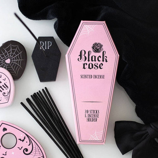 Roze doodskist wierookset met zwarte rozengeur – Pink Coffin Black Rose Incense Sticks met kistvormige houder, gothic decoratiecadeau.