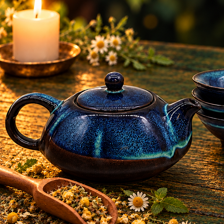 Blauwe keramische theeset met theepot, gestapelde kopjes en een los kopje, naast een houten lepel met theekruiden.