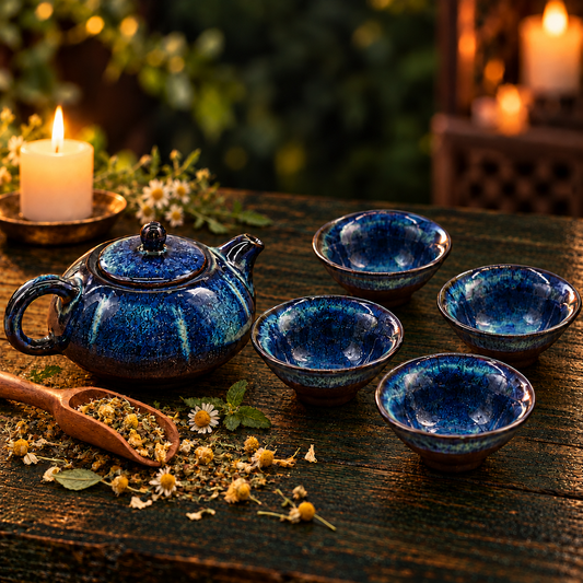 Blauwe keramische theepot met vier losse theekopjes op een donkergroene houten tafel met kruiden en kaarslicht.
