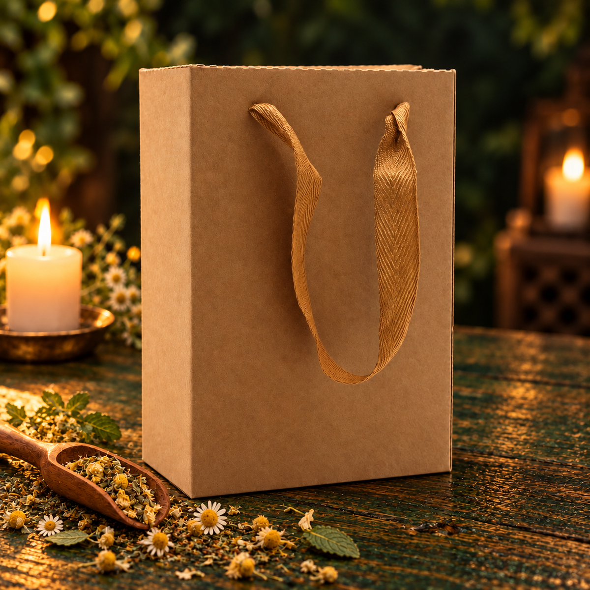 Bruin kraft cadeautasje met stoffen handvatten op een donkergroene houten tafel met kruiden en kaarslicht.