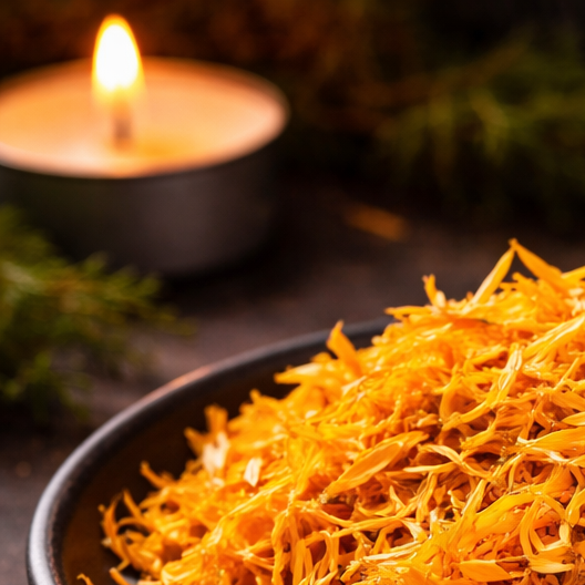 Close-up van calendula bloemblaadjes voor spirituele rituelen en kruidenwierook