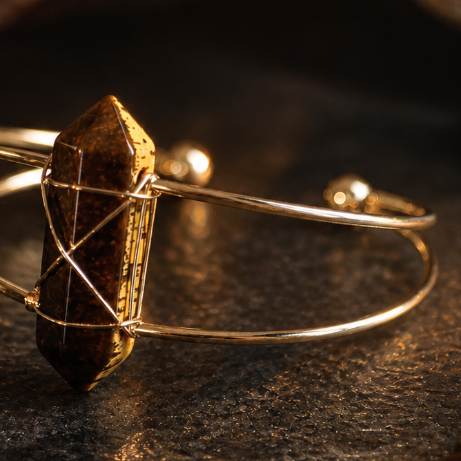 Goudkleurige cuff armband met tijgeroog dubbele punt op donkere achtergrond