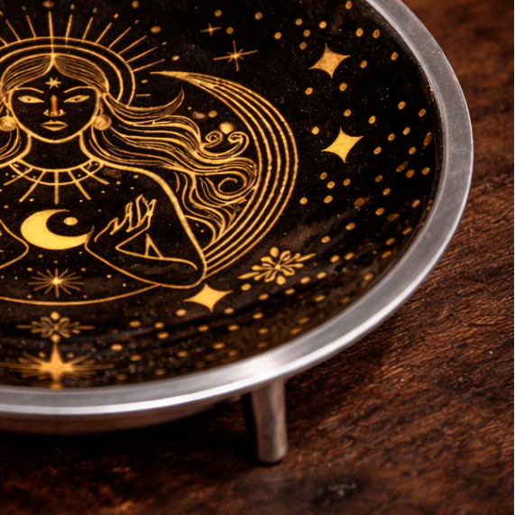 Emaille Offerschaal – Gouden Maan Godin op Zwart