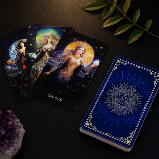 Godinnen tarotkaarten met blauwe achterkant en geïllustreerde kaarten op donkere mystieke achtergrond