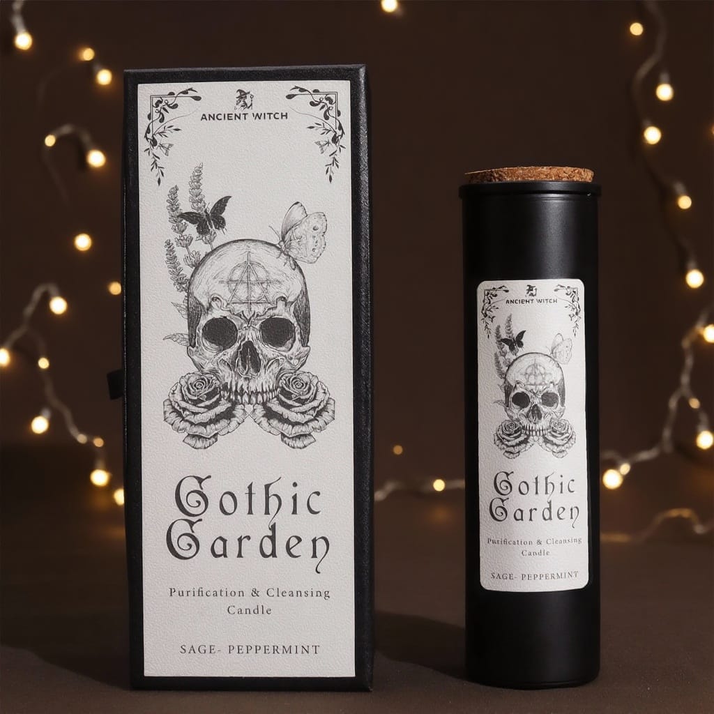 Laat los wat je niet langer dient en verwelkom frisse energie met de Gothic Garden Candle – Cleansing &amp; Purification van Ancient Witch. Met de verkwikkende geur van salie &amp; pepermunt is deze kaars ontworpen als begeleiding bij momenten van reflectie, reiniging en spirituele vernieuwing.