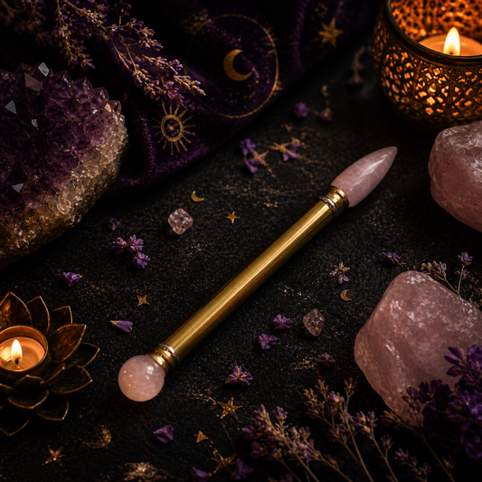 Rozenkwarts healing wand met gouden steel op mystieke ondergrond