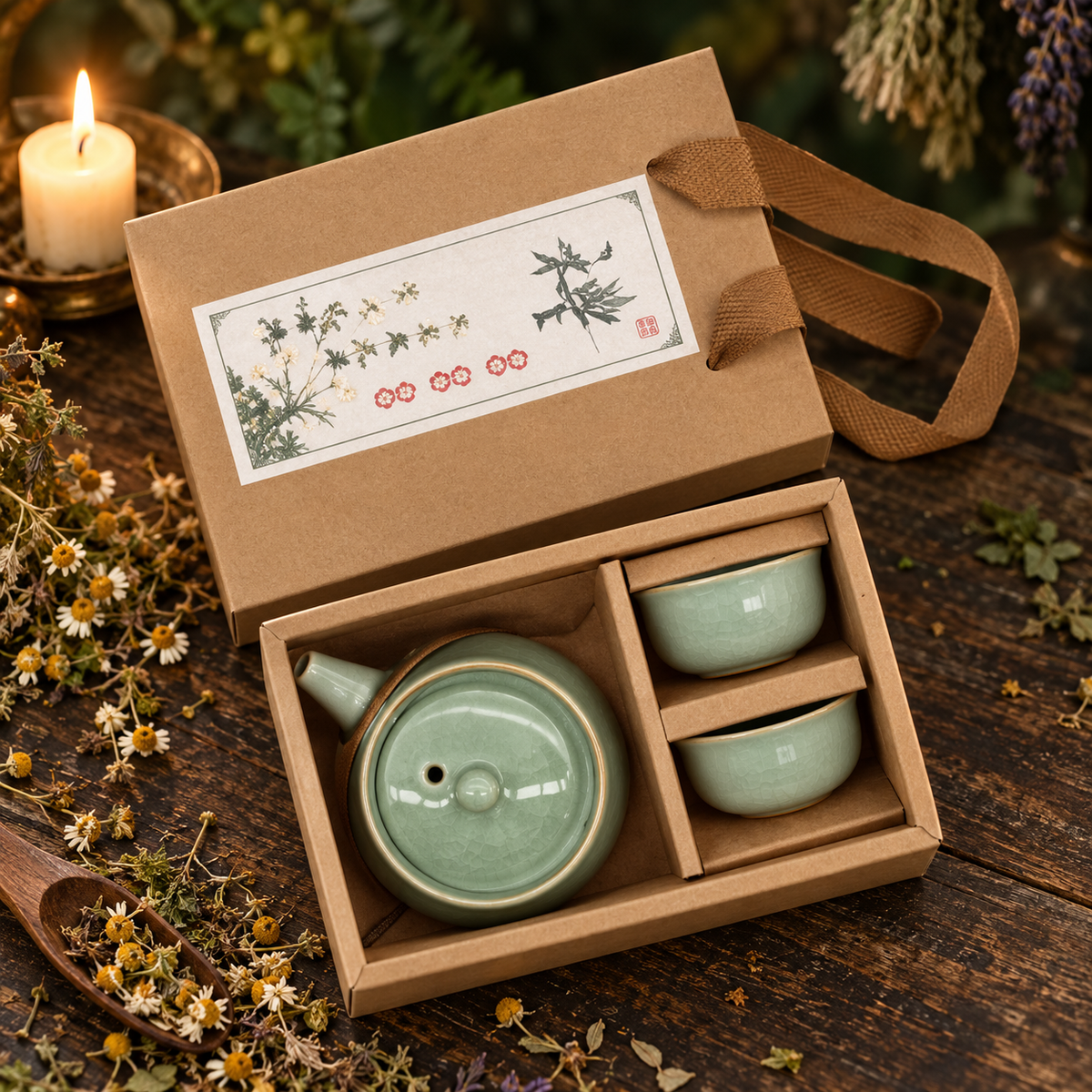 jadegroen theeset in cadeau doos met 2 kopjes