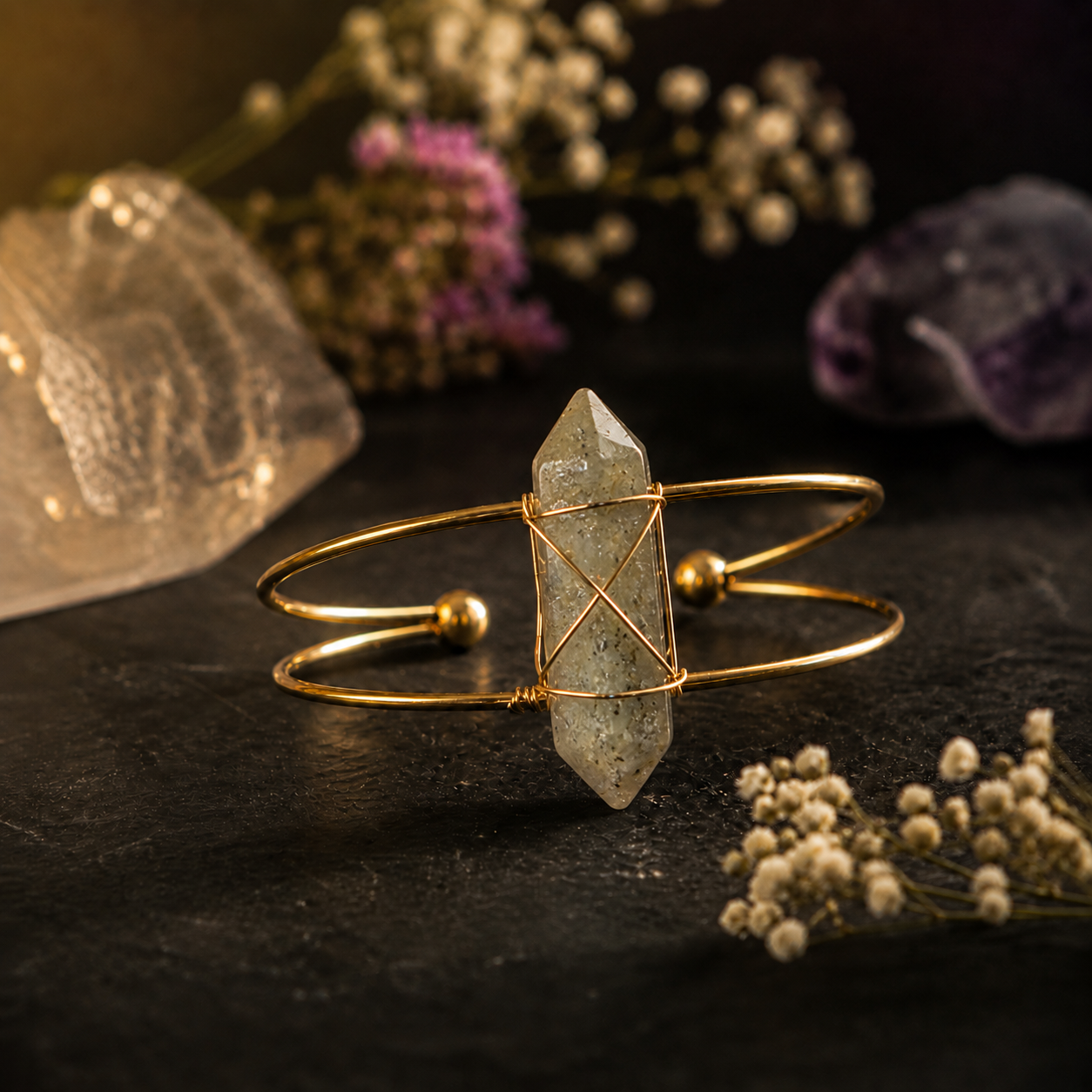 Labradoriet armband met goudkleurige wire wrap op donkere mystieke achtergrond