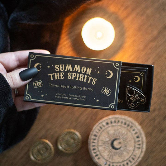 Mini Ouija bord met planchette in zwart en goud – compacte spirituele decoratie