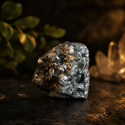 Ruwe pyriet edelsteen van circa 110 gram met goudkleurige metallic glans op donkere mystieke achtergrond