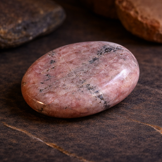 Rhodoniet palmsteen met roze tinten en donkere aders op donkere stenen achtergrond