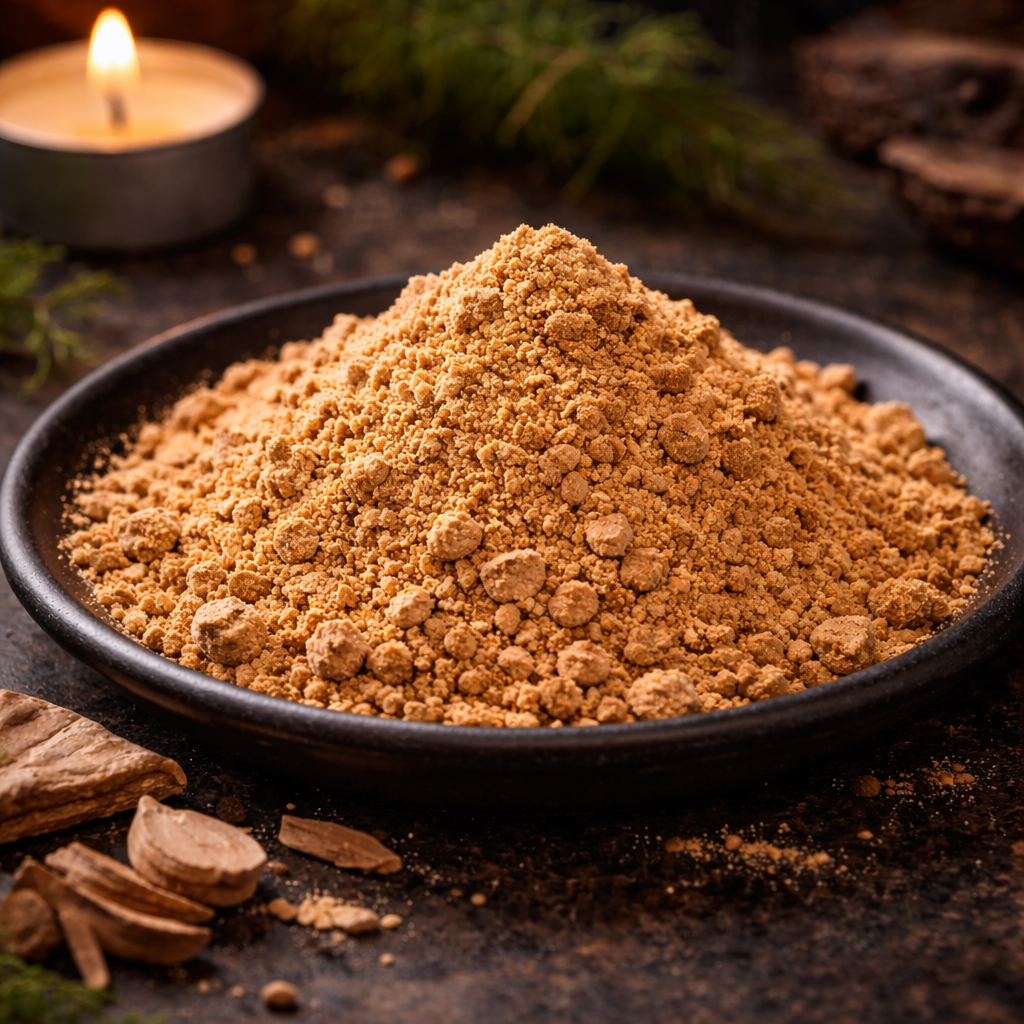 Sandelhout poeder wierook in zwarte schaal voor meditatie en spirituele rituelen