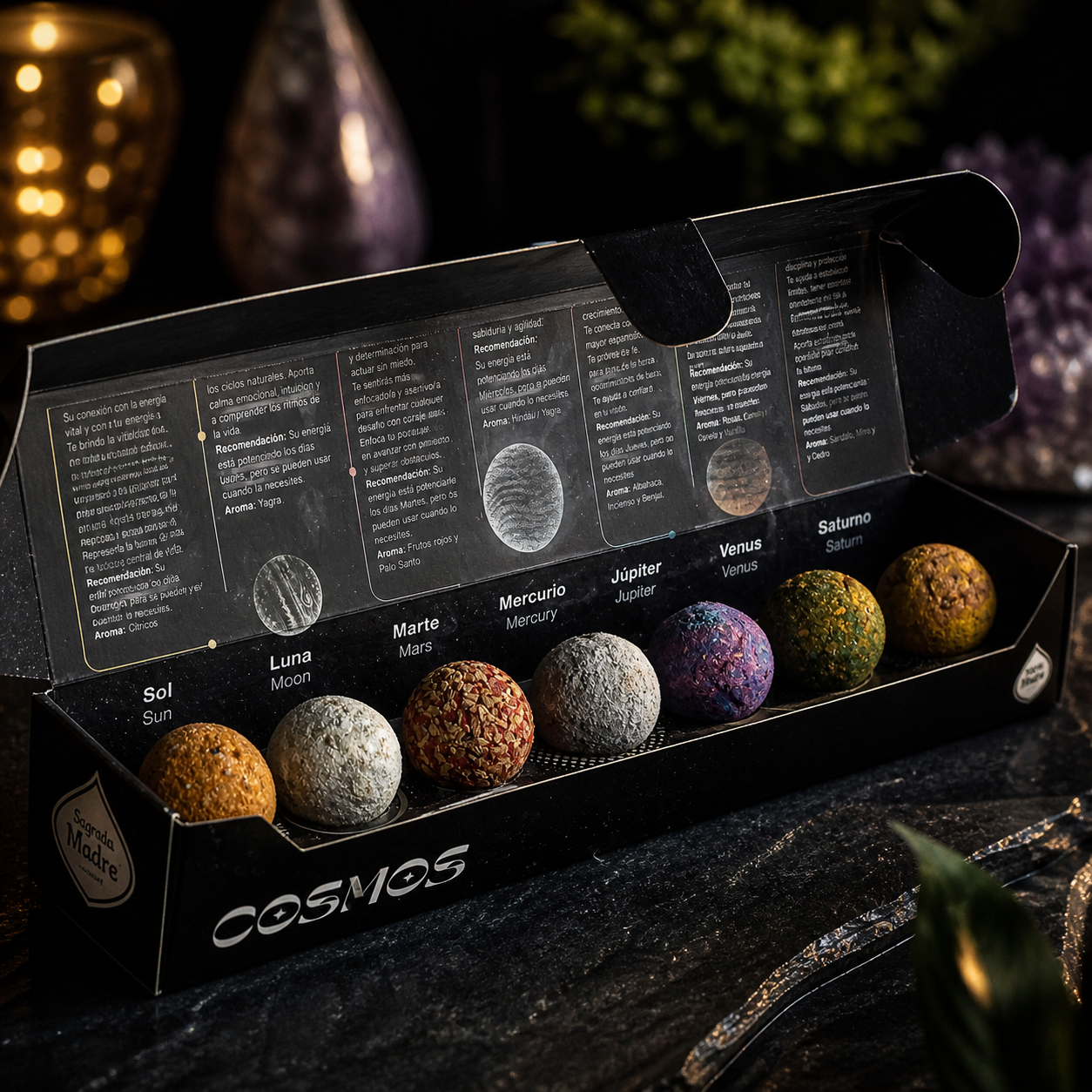 Cosmos smudgebommen set met 7 planeten in displaydoos voor rituelen en reiniging
