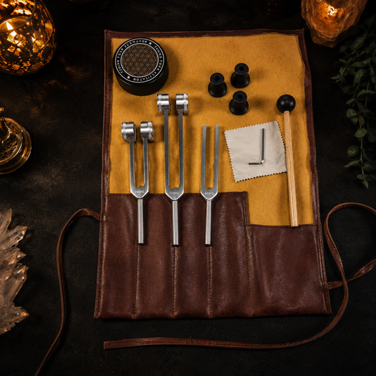 Stemvorkset met 128 Hz 256 Hz en 512 Hz in bruine etui met tuning fork activators