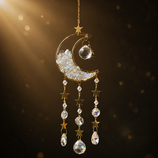 Maan suncatcher met opaliet, goudkleurige details en kristalhangers voor het raam