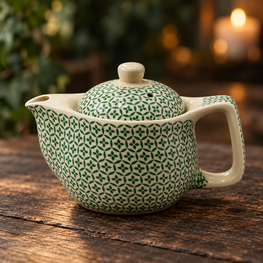 Green Mosaic theepot met groen mozaïekpatroon en deksel op een houten tafel.