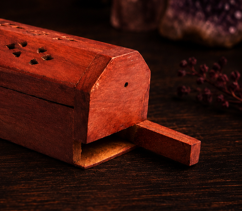 Open houten wierookbox met sterdetails en houder voor wierookstokjes op donkere houten ondergrond.