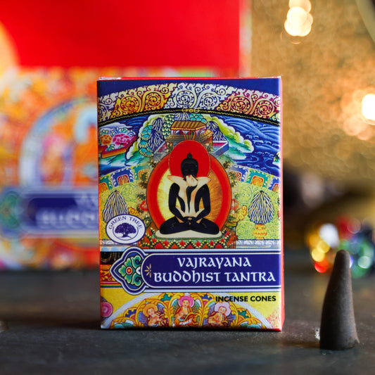 Doos met Vajrayana Buddhist Tantra wierookkegels en kleurrijk boeddhistisch patroon, 10 stuks.