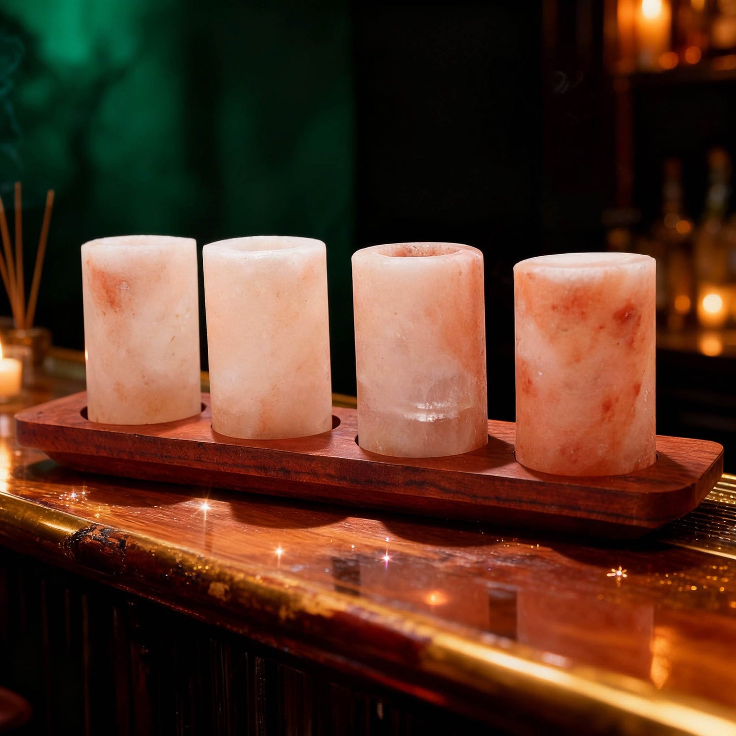Himalayan Salt Shot Glasses set met warme natuurlijke kleuren en luxe houten serveerschaal.