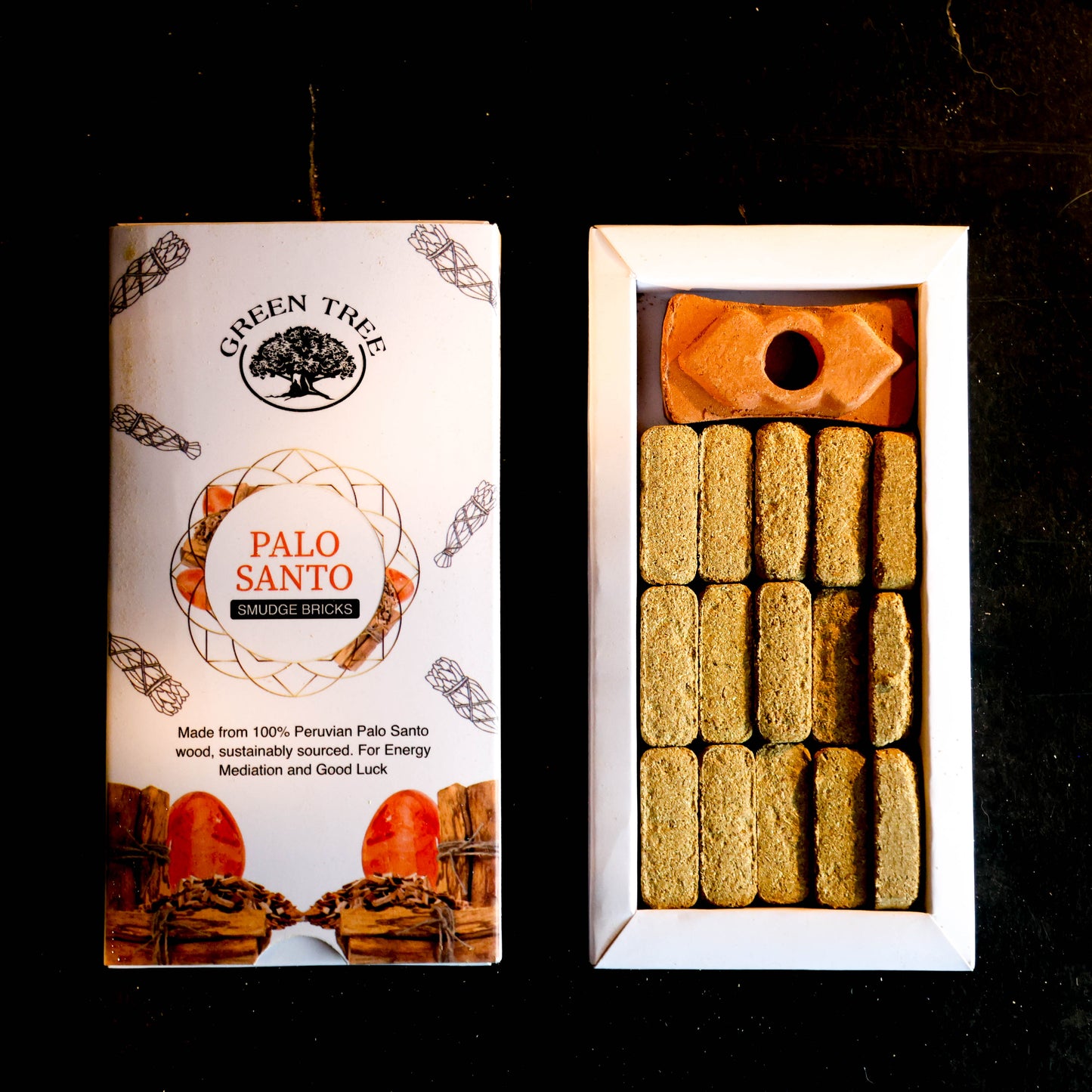 Doos met Palo Santo wierookstenen en terracotta houder – 15 stuks natuurlijk houtpoeder uit Peru