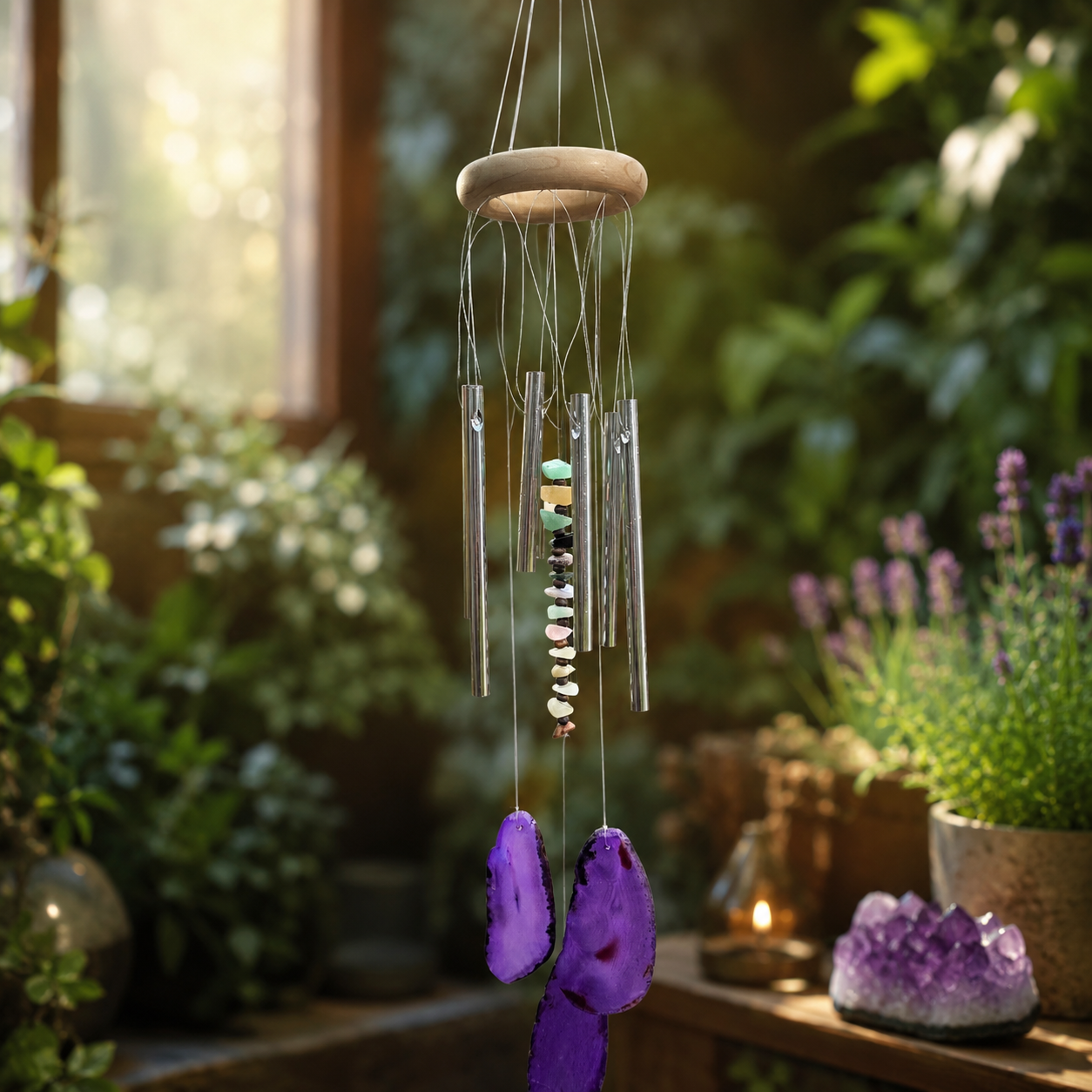 Windgong met paarse agaatschijven, edelsteen chips en zilverkleurige buisjes in mystieke tuinsetting.