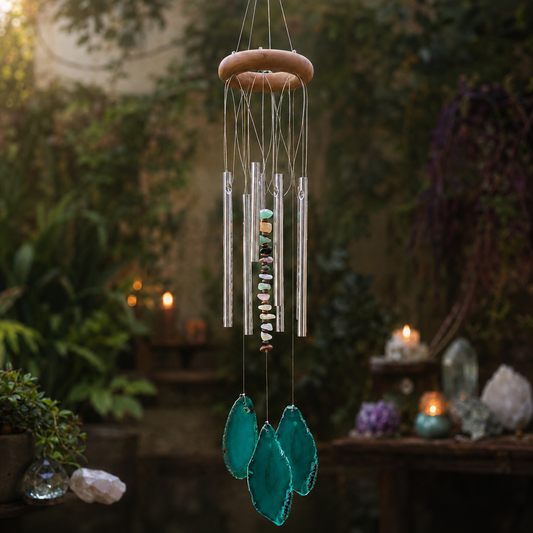 Windgong met groene agaat en metalen buisjes in mystieke tuinsetting