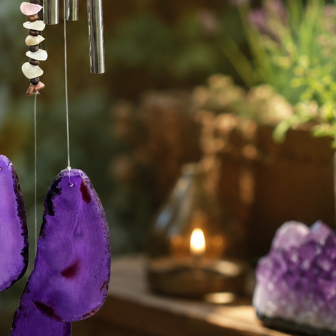 Close-up van spirituele windgong met paarse agaat, natuurlijke edelsteen chips en glanzende metalen klankbuisjes.