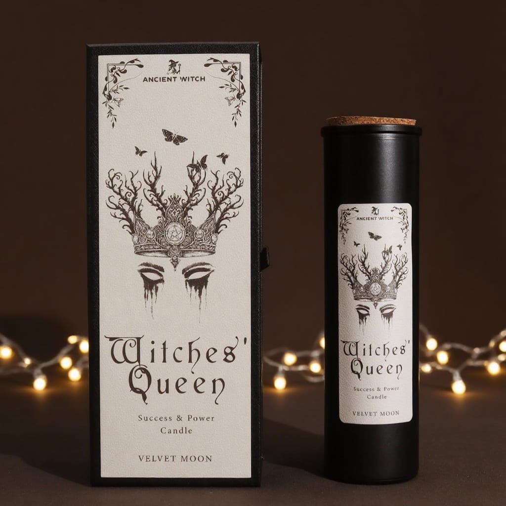 Ontdek de Witches' Queen Candle van Ancient Witch. Luxe kaars met Velvet Moon geur, ritueelkaart en giftbox. Voor kracht, magie en succes.voorkant